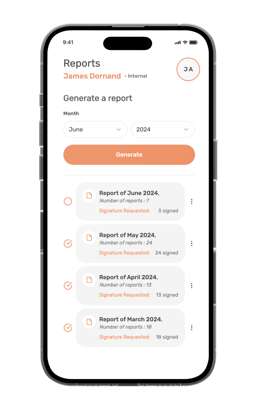 Sarba application mockup showing report management
